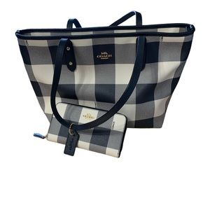 Coach navy and off white gingham plaid leather purse and wallet